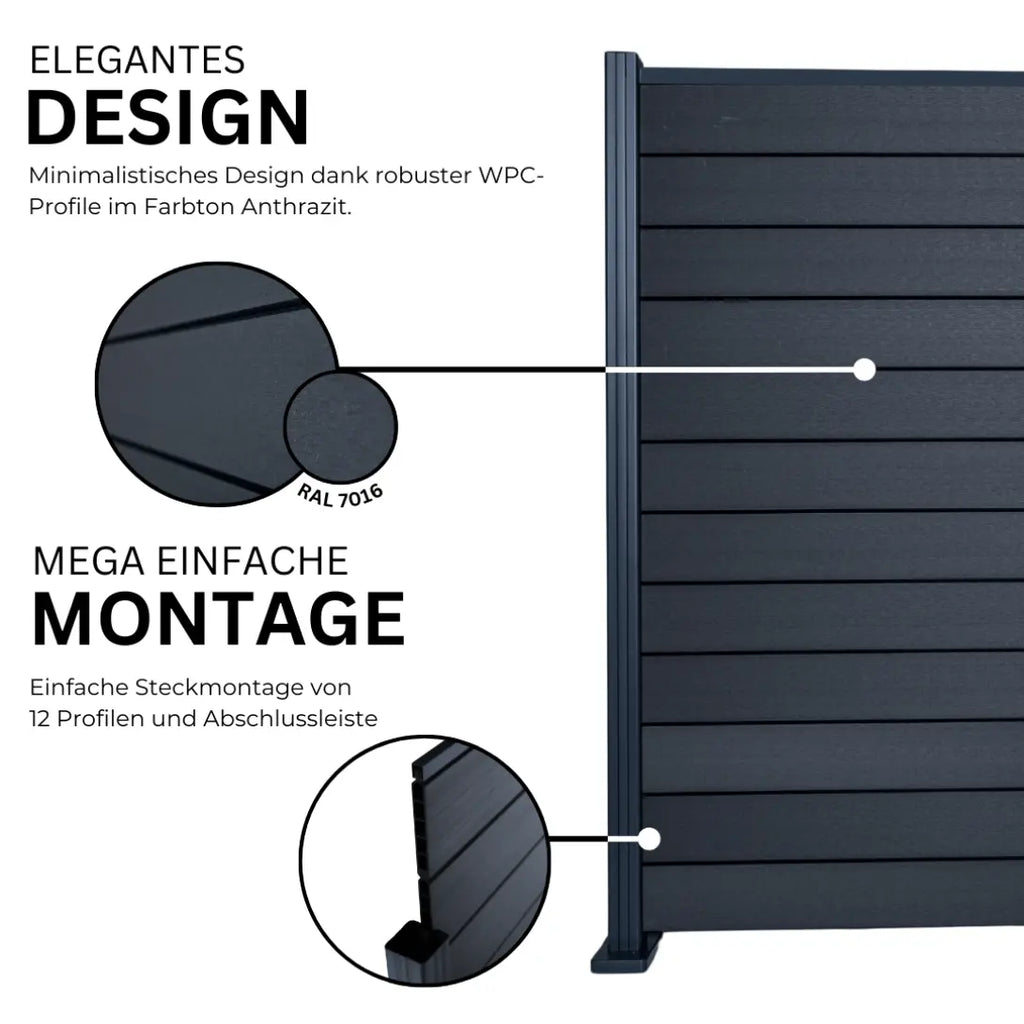 MEGA HOLZ DIYO WPC Steckzaun Set 180x184 cm Anthrazit