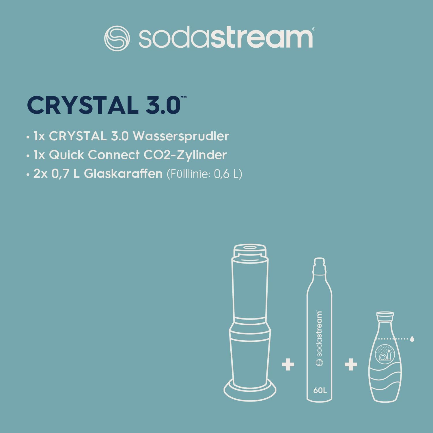 Crystal 3.0 Wassersprudler Set mit Quick-Connect Zylinder und 2 Glaskaraffen
