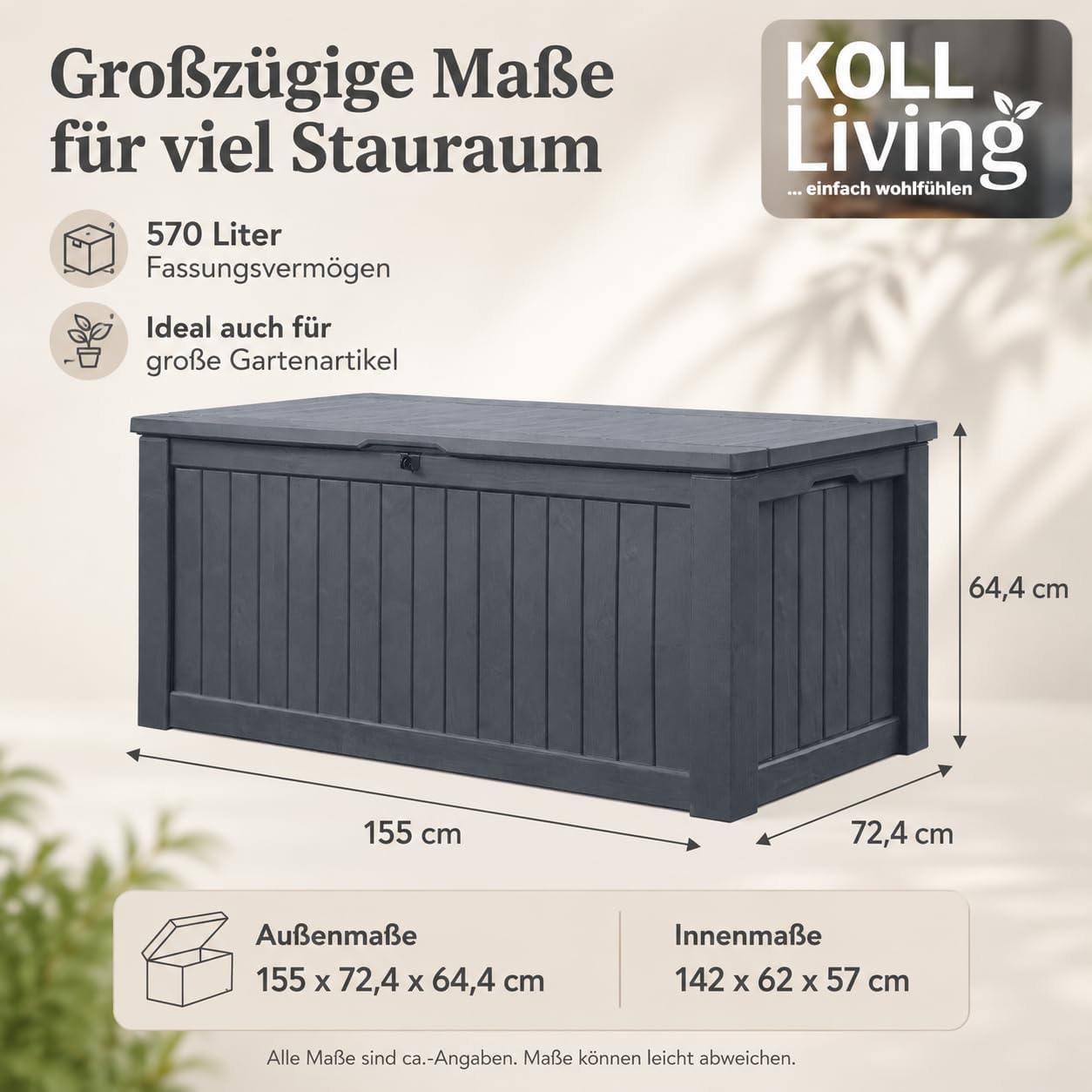 Koll living storage box, cushion box in modern wooden finish, 570 litres, 100% water-proof, with aeration to prevent horrible odours/mould, maximum weight supported by the cover: 250 kg (2 people)