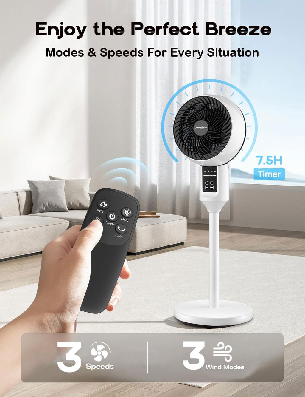 Aerion Höhenverstellbarer Standventilator mit 3D-Oszillation Weiß