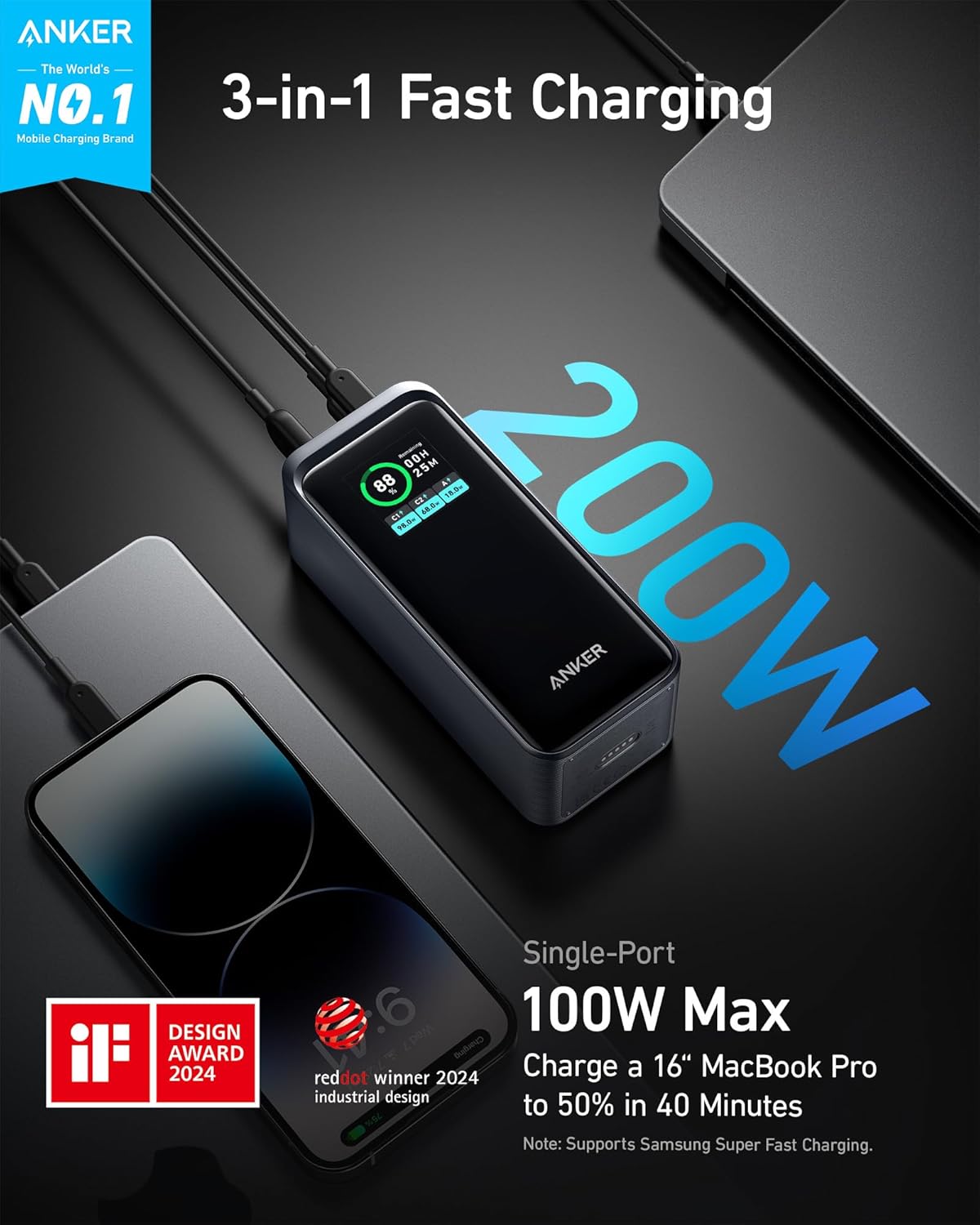 Anker Prime 72Wh Powerbank 20.000 mAh, 200W, USB-C & USB-A, Fast Charging, Schwarz