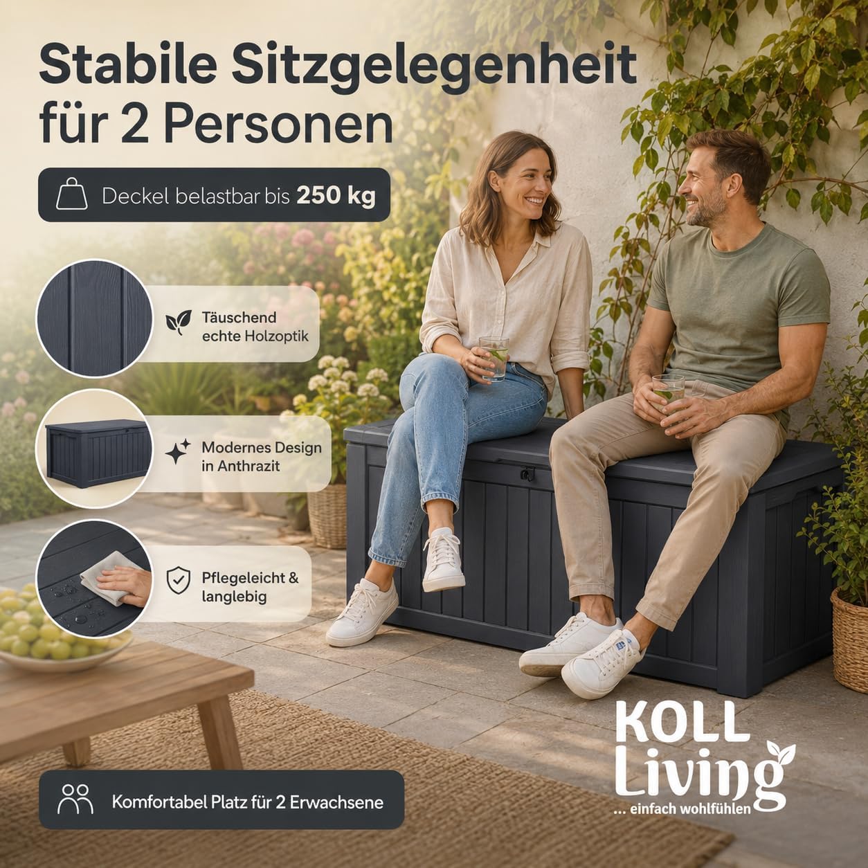 Koll living storage box, cushion box in modern wooden finish, 570 litres, 100% water-proof, with aeration to prevent horrible odours/mould, maximum weight supported by the cover: 250 kg (2 people)