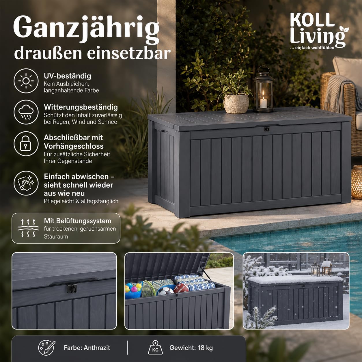 Koll living storage box, cushion box in modern wooden finish, 570 litres, 100% water-proof, with aeration to prevent horrible odours/mould, maximum weight supported by the cover: 250 kg (2 people)