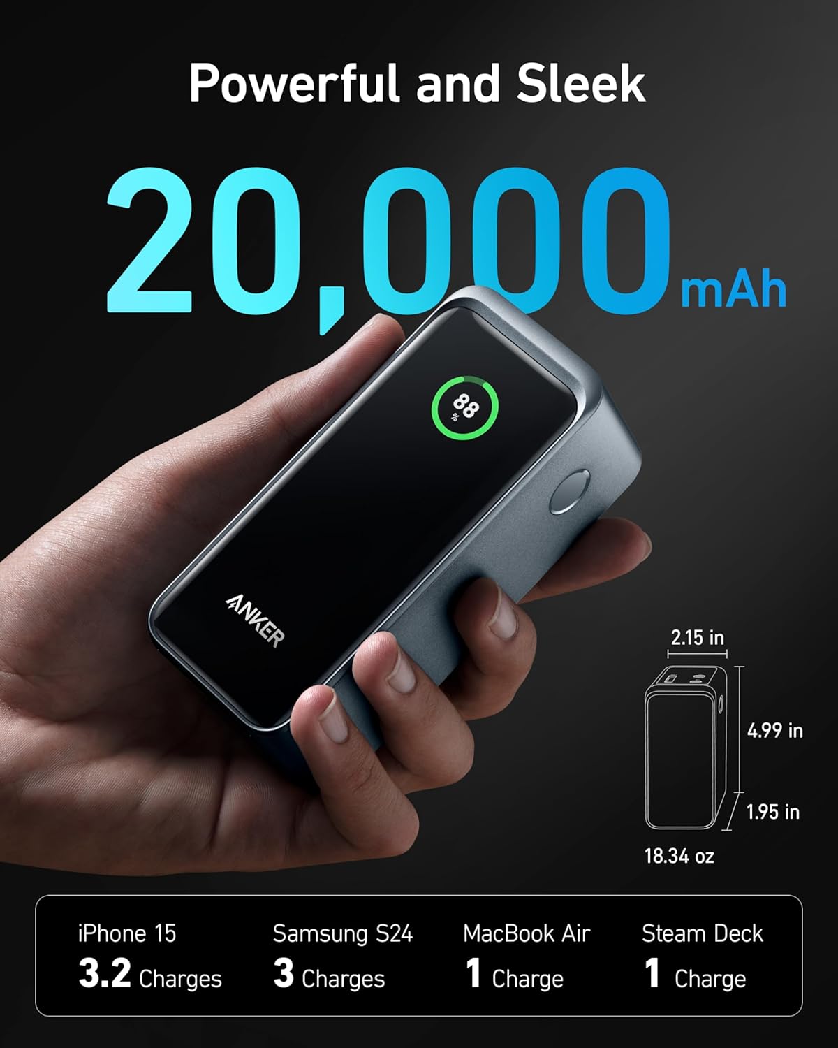 Anker Prime 72Wh Powerbank 20.000 mAh, 200W, USB-C & USB-A, Fast Charging, Schwarz