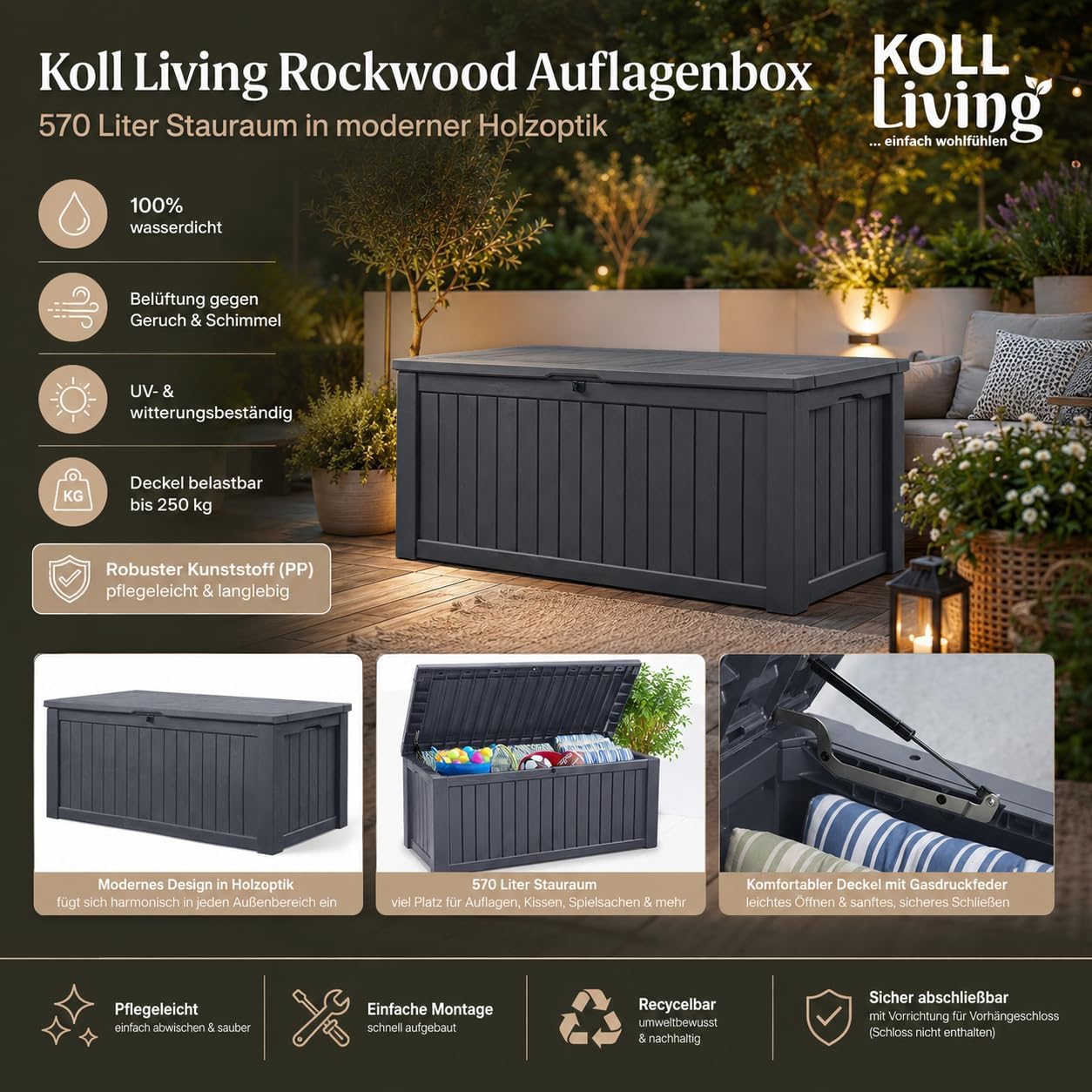 Koll living storage box, cushion box in modern wooden finish, 570 litres, 100% water-proof, with aeration to prevent horrible odours/mould, maximum weight supported by the cover: 250 kg (2 people)