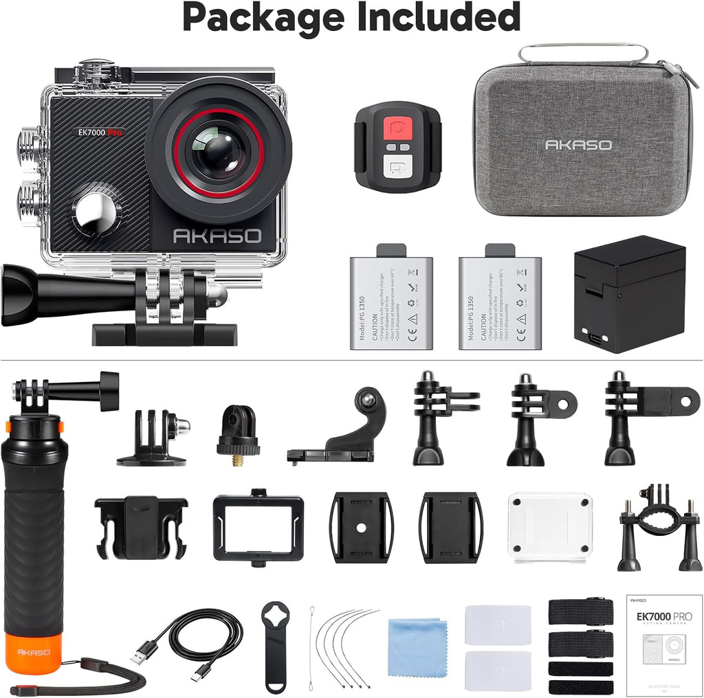AKASO EK7000 Pro Actionkamera 4K/30fps – 20MP, EIS, 40m wasserdicht, 2" IPS Touchscreen, Schwarz