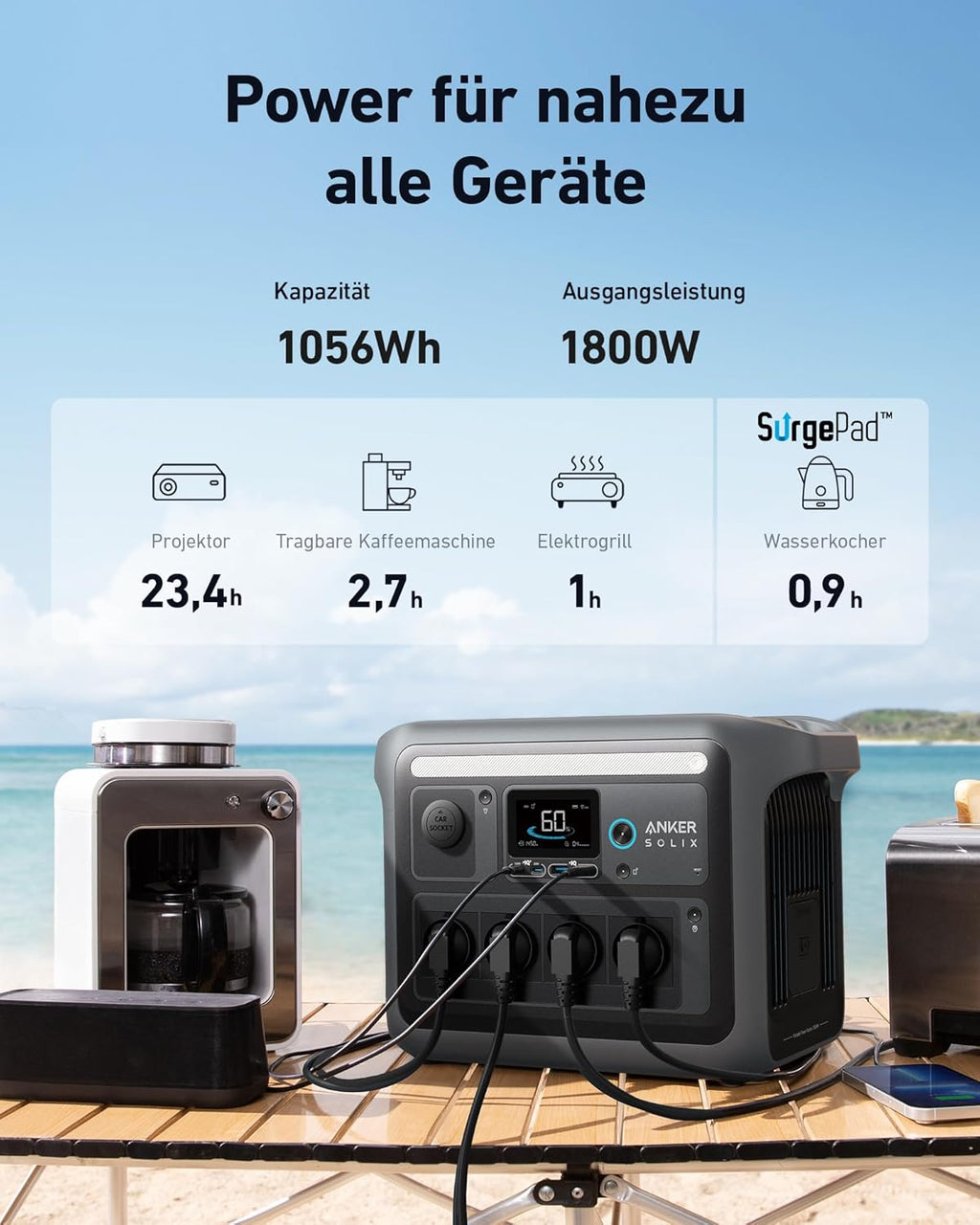 Anker SOLIX C1000 Powerstation 1056Wh, 1800W, mit Tasche & 4 AC-Steckdosen