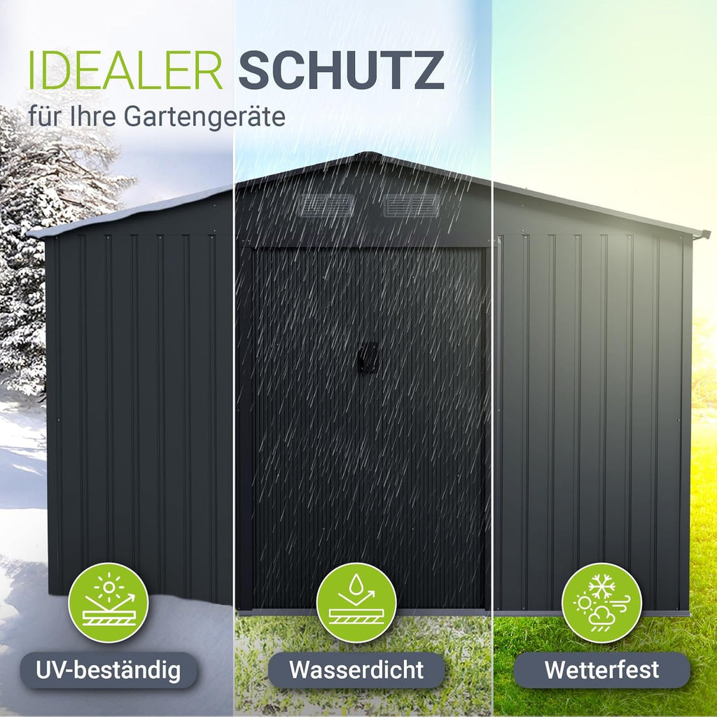 Juskys Metal XL Tool Shed - Garden Shed & Tool Shed with Sliding Door, Foundation Frame & Lock, Weatherproof Garden Cabinet for Storage - Dark Grey