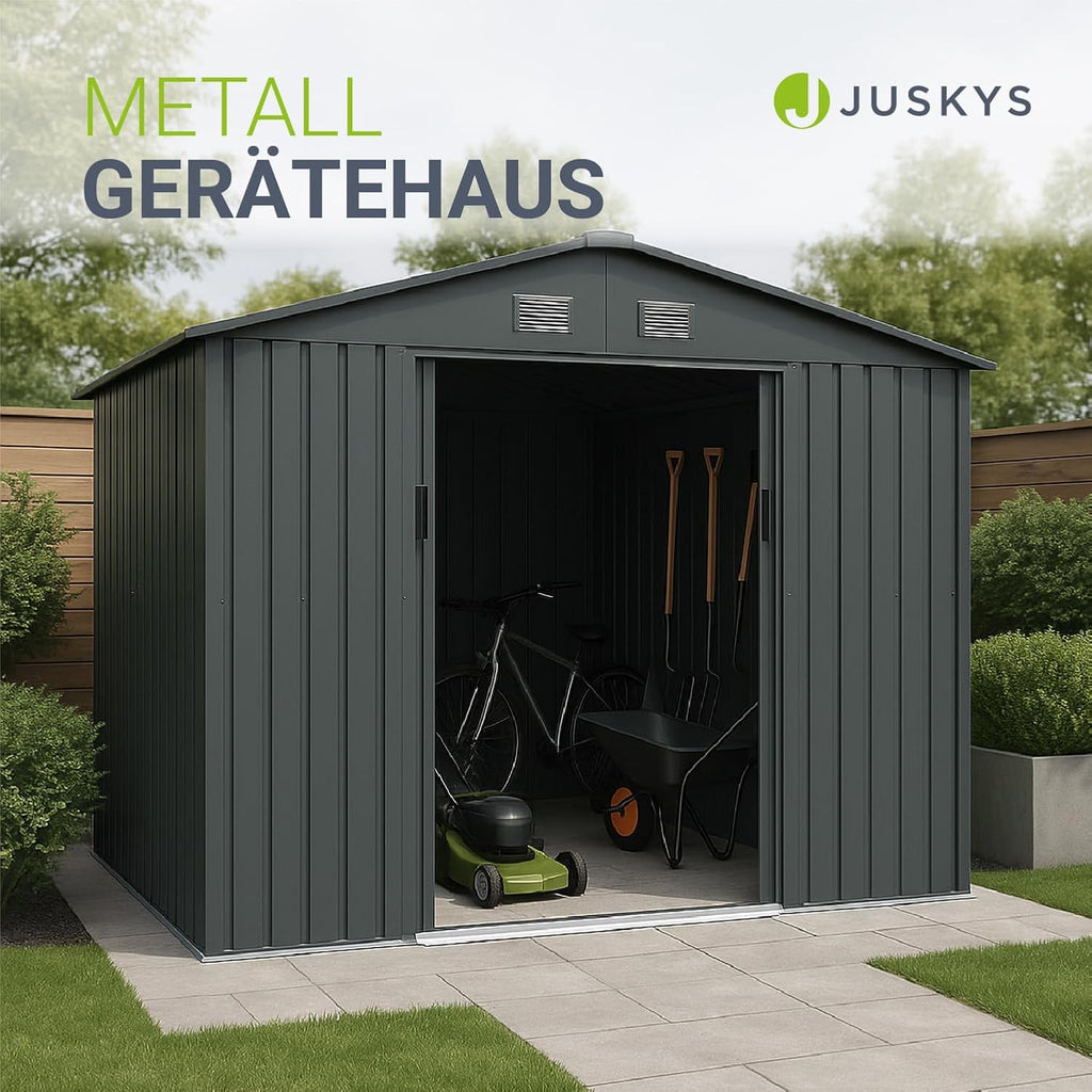 Juskys Metal XL Tool Shed - Garden Shed & Tool Shed with Sliding Door, Foundation Frame & Lock, Weatherproof Garden Cabinet for Storage - Dark Grey