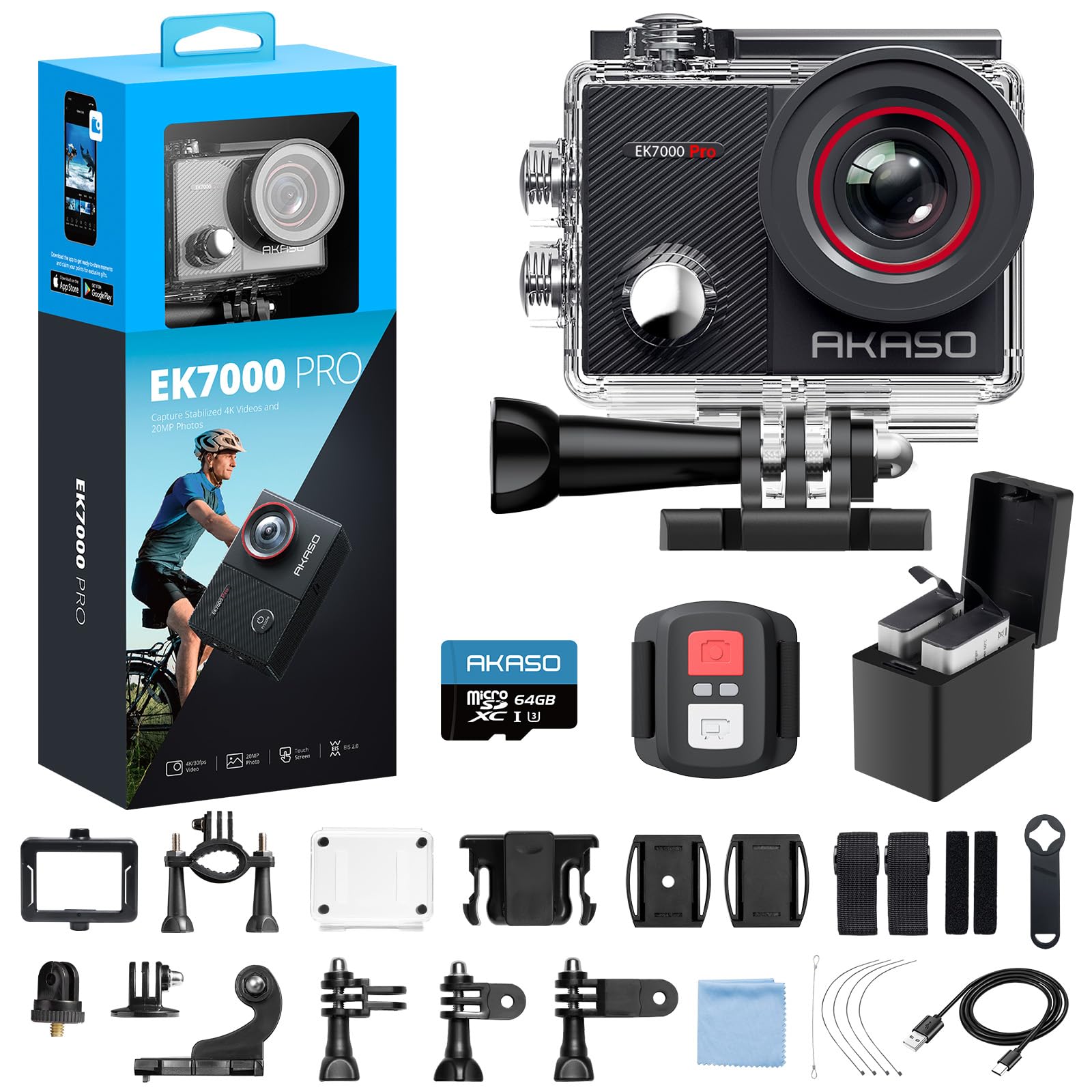 AKASO EK7000 Pro Actionkamera 4K/30fps – 20MP, EIS, 40m wasserdicht, 2" IPS Touchscreen, Schwarz