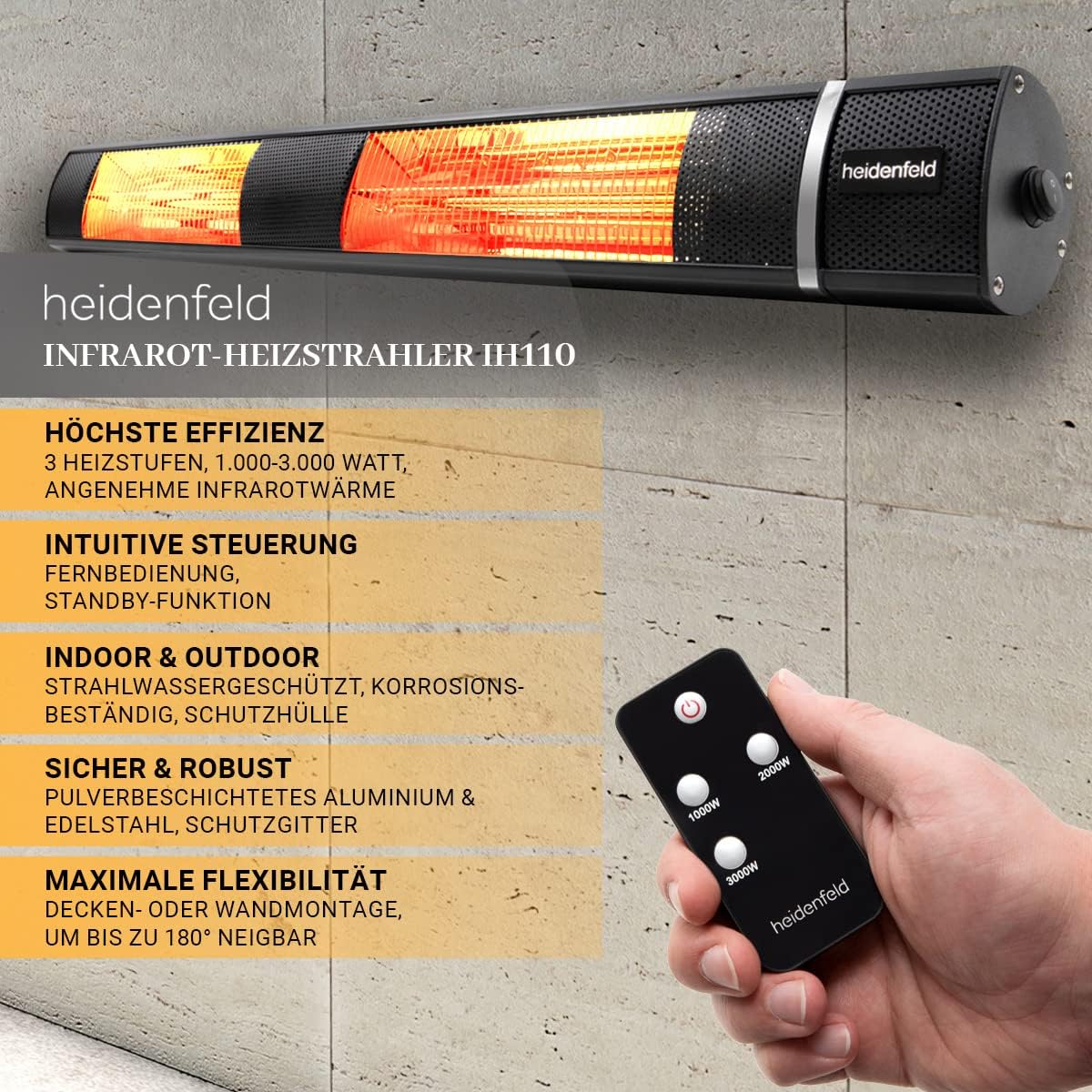 Heidenfeld Infrared Heater IH110, 3000 Watt, Remote Control, 3 Levels, Ceiling and Wall Mounting, Infrared Heater, Patio Heater (Black)