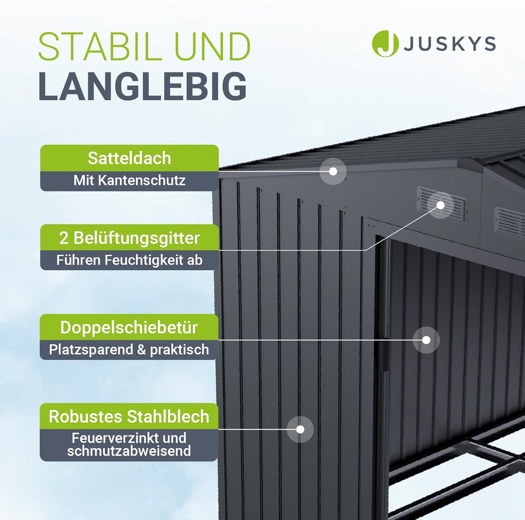 Juskys Metal XL Tool Shed - Garden Shed & Tool Shed with Sliding Door, Foundation Frame & Lock, Weatherproof Garden Cabinet for Storage - Dark Grey