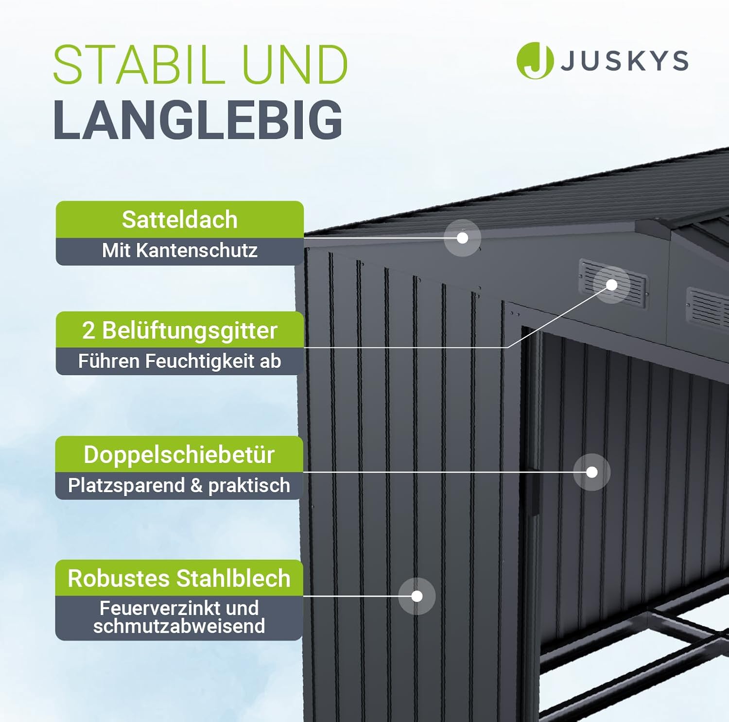 Juskys Metal XL Tool Shed - Garden Shed & Tool Shed with Sliding Door, Foundation Frame & Lock, Weatherproof Garden Cabinet for Storage - Dark Grey