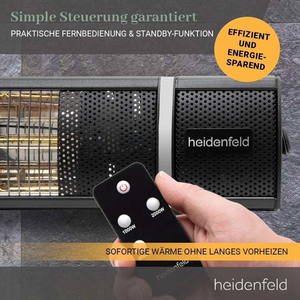 Heidenfeld Infrared Heater IH110, 3000 Watt, Remote Control, 3 Levels, Ceiling and Wall Mounting, Infrared Heater, Patio Heater (Black)