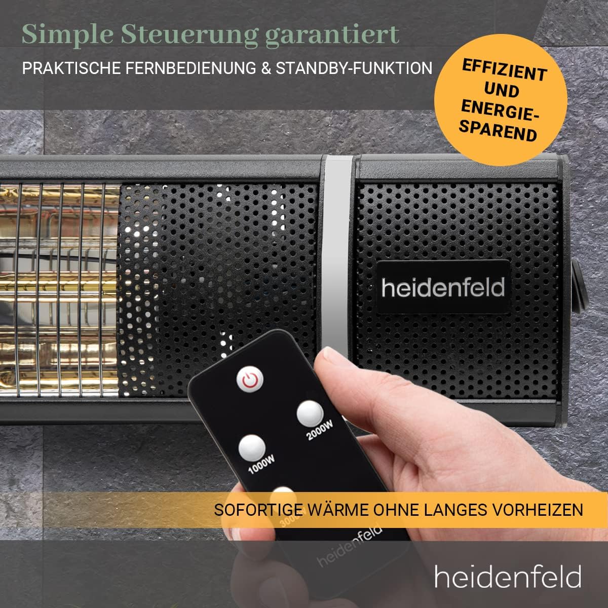 Heidenfeld Infrared Heater IH110, 3000 Watt, Remote Control, 3 Levels, Ceiling and Wall Mounting, Infrared Heater, Patio Heater (Black)
