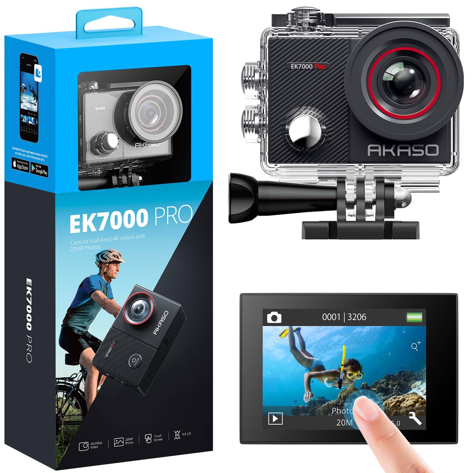 AKASO EK7000 Pro Actionkamera 4K/30fps – 20MP, EIS, 40m wasserdicht, 2" IPS Touchscreen, Schwarz