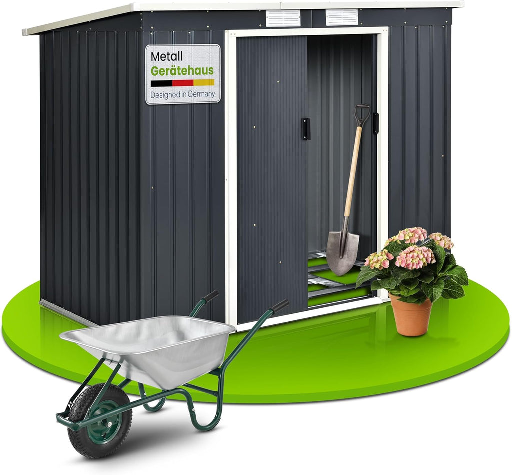 Juskys Metal XL Tool Shed - Garden Shed & Tool Shed with Sliding Door, Foundation Frame & Lock, Weatherproof Garden Cabinet for Storage - Dark Grey