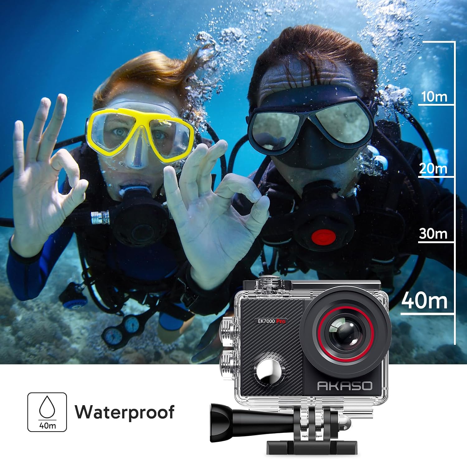 AKASO EK7000 Pro Actionkamera 4K/30fps – 20MP, EIS, 40m wasserdicht, 2" IPS Touchscreen, Schwarz