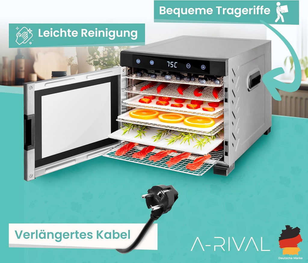 A-rival Dehydrator, Stainless Steel Dehydrator, Touch Control, Professional Dehydrator Stainless Steel, 24 Hour Timer, 6 Drying Trays + 3 Drying Mats, BPA-Free, 35 °C to 75 °C, Quiet Operation, 360°o