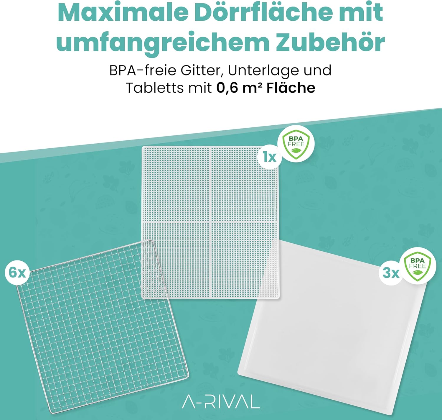 A-rival Dehydrator, Stainless Steel Dehydrator, Touch Control, Professional Dehydrator Stainless Steel, 24 Hour Timer, 6 Drying Trays + 3 Drying Mats, BPA-Free, 35 °C to 75 °C, Quiet Operation, 360°o