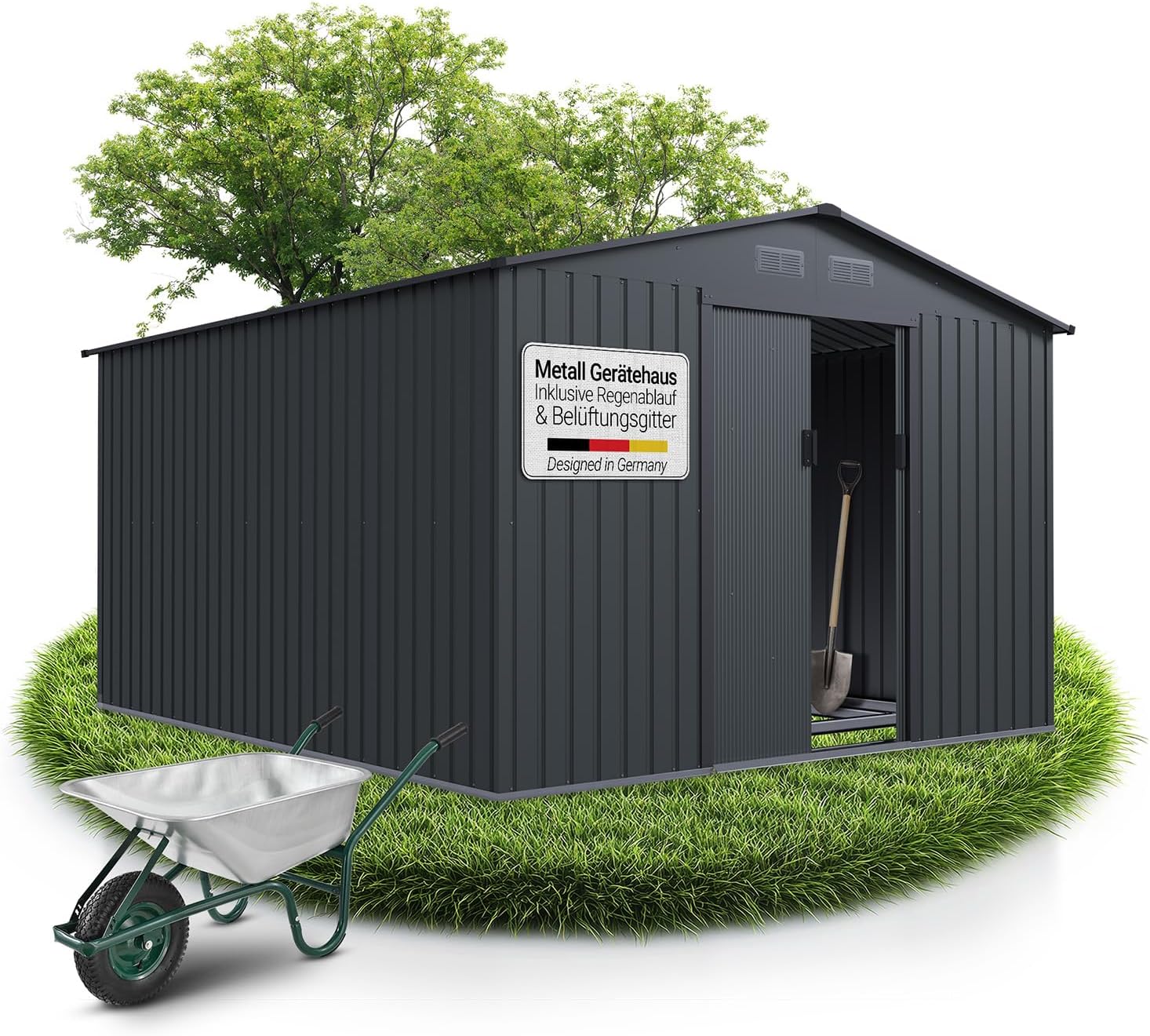 Juskys Metal XL Tool Shed - Garden Shed & Tool Shed with Sliding Door, Foundation Frame & Lock, Weatherproof Garden Cabinet for Storage - Dark Grey