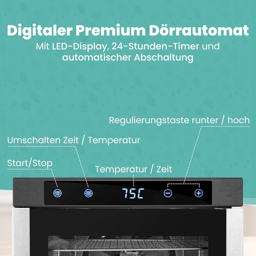 A-rival Dehydrator, Stainless Steel Dehydrator, Touch Control, Professional Dehydrator Stainless Steel, 24 Hour Timer, 6 Drying Trays + 3 Drying Mats, BPA-Free, 35 °C to 75 °C, Quiet Operation, 360°o
