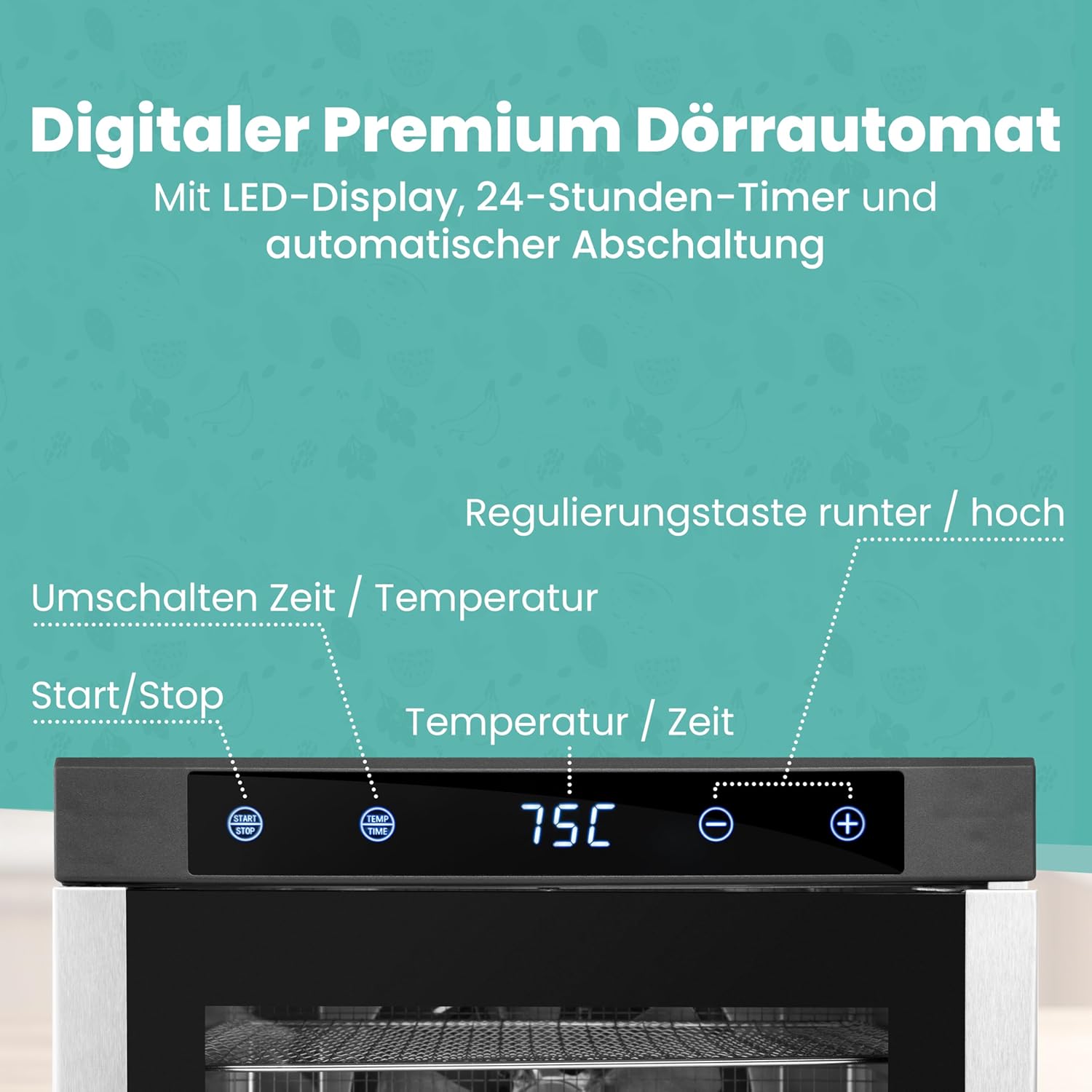 A-rival Dehydrator, Stainless Steel Dehydrator, Touch Control, Professional Dehydrator Stainless Steel, 24 Hour Timer, 6 Drying Trays + 3 Drying Mats, BPA-Free, 35 °C to 75 °C, Quiet Operation, 360°o