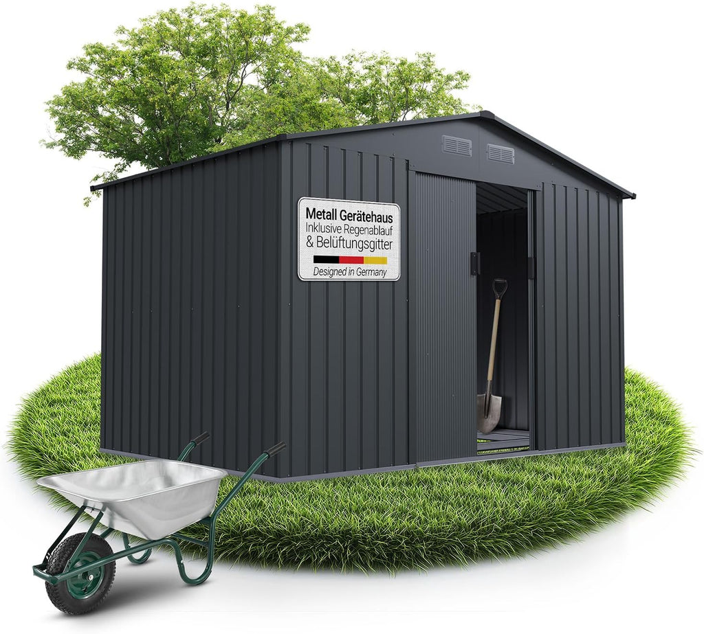 Juskys Metal XL Tool Shed - Garden Shed & Tool Shed with Sliding Door, Foundation Frame & Lock, Weatherproof Garden Cabinet for Storage - Dark Grey
