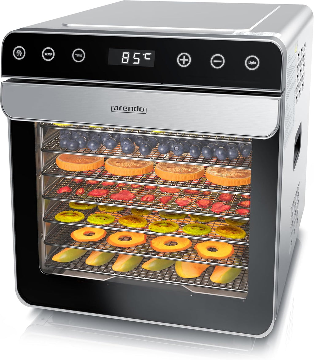 Arendo - Dörrautomat Edelstahl mit 8 Edelstahlgitter - 700 W - 35°-85°C - 8 Edelstahl Einlegetabletts mit insgesamt 6700 cm² - Dörrgerät Dehydrator Obsttrockner Dörrapparat - Obst Fleisch Pilze uvmo