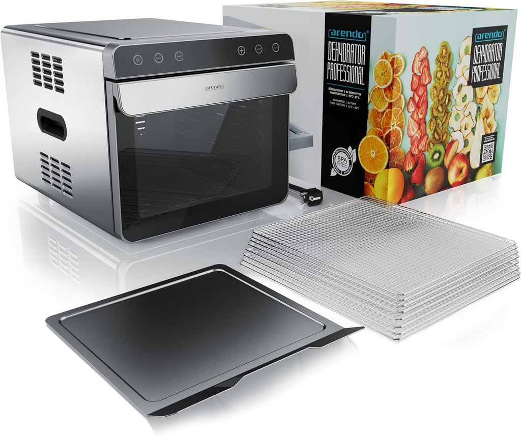 Arendo - Dörrautomat Edelstahl mit 8 Edelstahlgitter - 700 W - 35°-85°C - 8 Edelstahl Einlegetabletts mit insgesamt 6700 cm² - Dörrgerät Dehydrator Obsttrockner Dörrapparat - Obst Fleisch Pilze uvmo