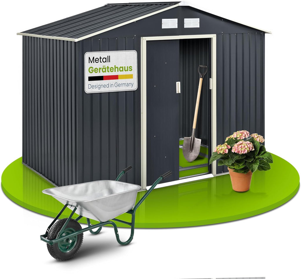 Juskys Metal XL Tool Shed - Garden Shed & Tool Shed with Sliding Door, Foundation Frame & Lock, Weatherproof Garden Cabinet for Storage - Dark Grey
