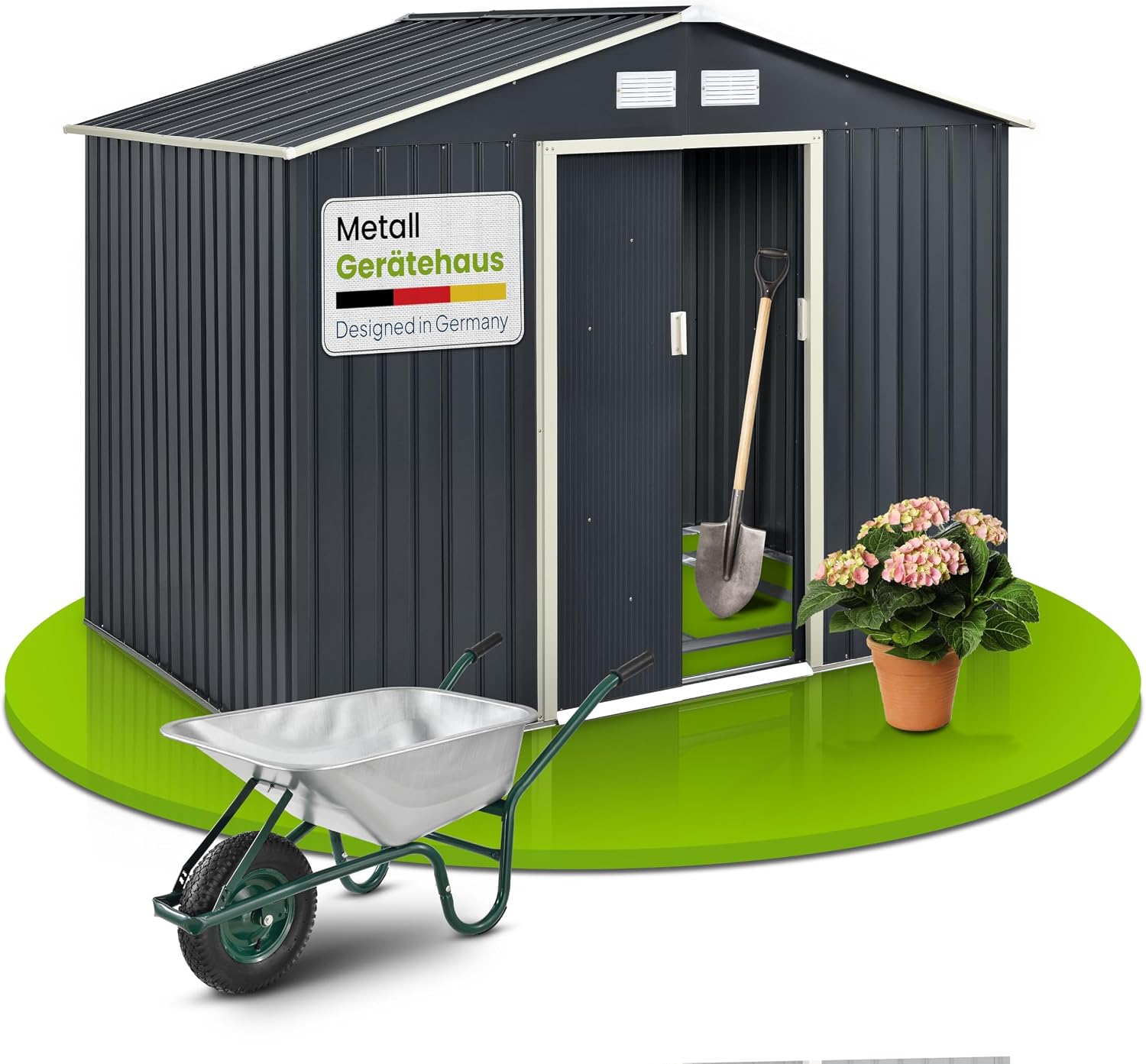 Juskys Metal XL Tool Shed - Garden Shed & Tool Shed with Sliding Door, Foundation Frame & Lock, Weatherproof Garden Cabinet for Storage - Dark Grey