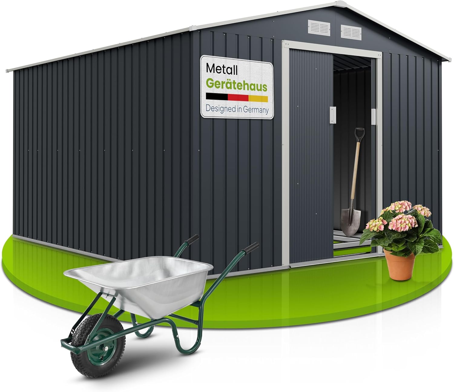 Juskys Metal XL Tool Shed - Garden Shed & Tool Shed with Sliding Door, Foundation Frame & Lock, Weatherproof Garden Cabinet for Storage - Dark Grey