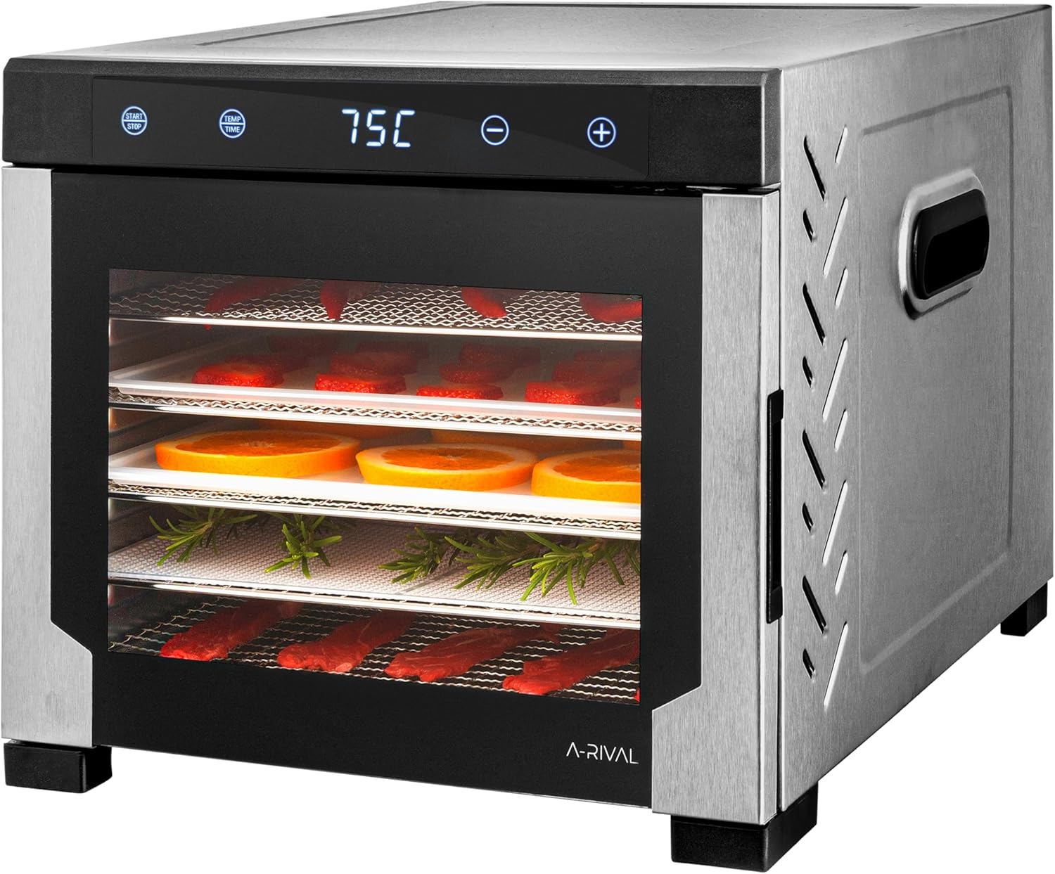 A-rival Dehydrator, Stainless Steel Dehydrator, Touch Control, Professional Dehydrator Stainless Steel, 24 Hour Timer, 6 Drying Trays + 3 Drying Mats, BPA-Free, 35 °C to 75 °C, Quiet Operation, 360°o