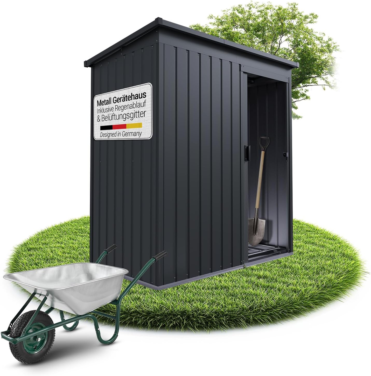 Juskys Metal XL Tool Shed - Garden Shed & Tool Shed with Sliding Door, Foundation Frame & Lock, Weatherproof Garden Cabinet for Storage - Dark Grey