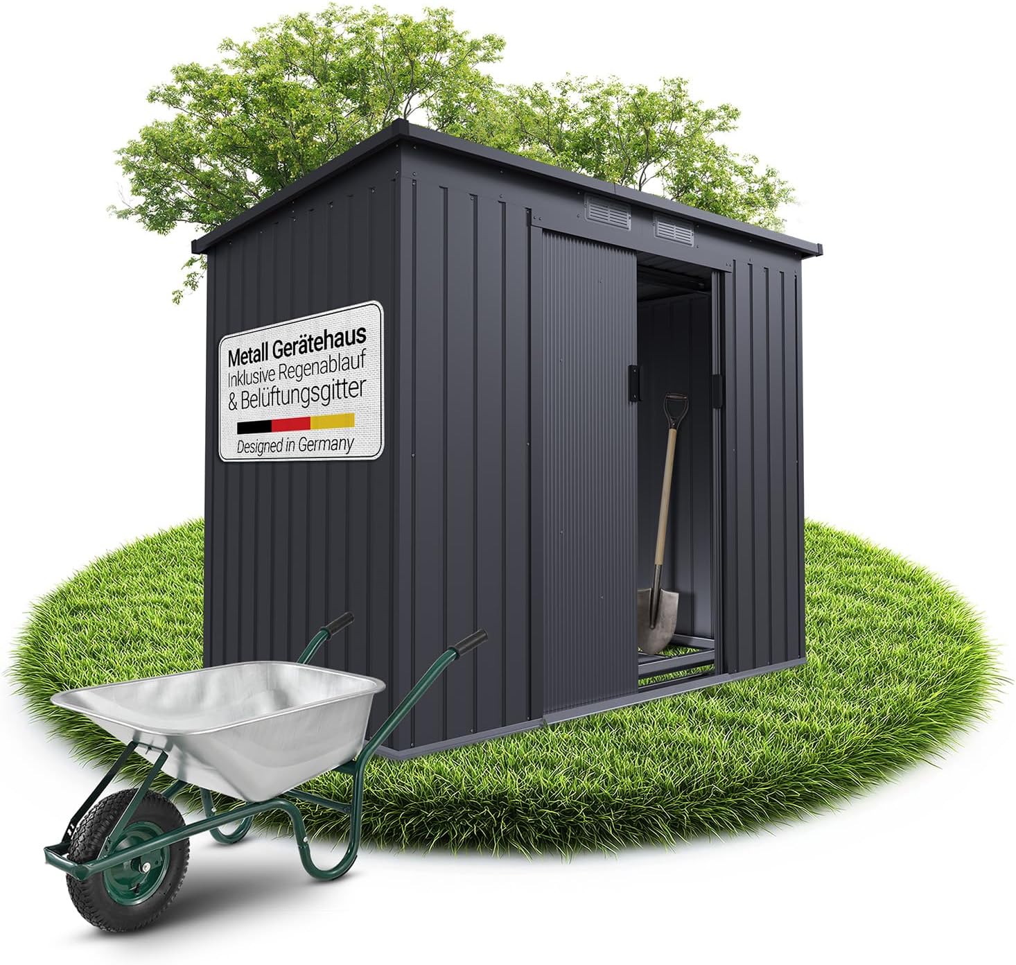 Juskys Metal XL Tool Shed - Garden Shed & Tool Shed with Sliding Door, Foundation Frame & Lock, Weatherproof Garden Cabinet for Storage - Dark Grey