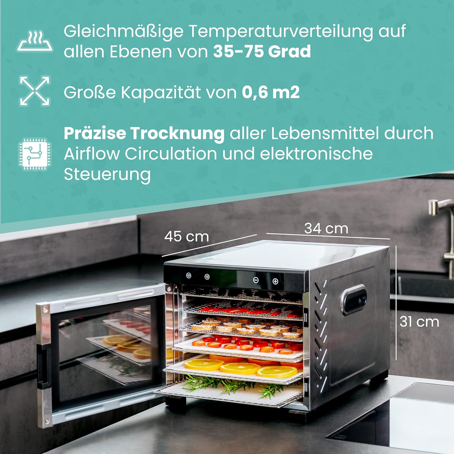 A-rival Dehydrator, Stainless Steel Dehydrator, Touch Control, Professional Dehydrator Stainless Steel, 24 Hour Timer, 6 Drying Trays + 3 Drying Mats, BPA-Free, 35 °C to 75 °C, Quiet Operation, 360°o