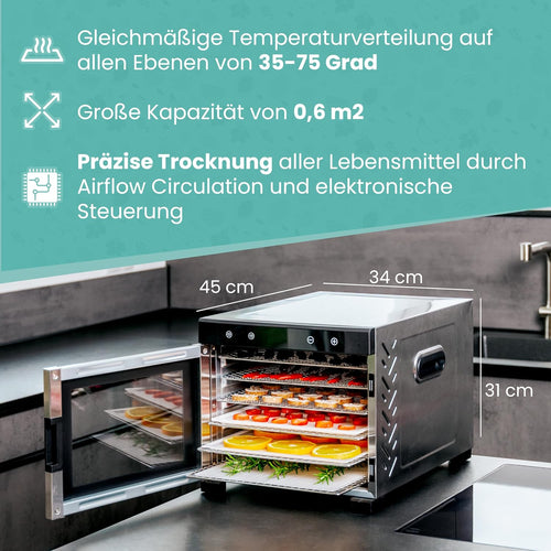 A-rival Dehydrator, Stainless Steel Dehydrator, Touch Control, Professional Dehydrator Stainless Steel, 24 Hour Timer, 6 Drying Trays + 3 Drying Mats, BPA-Free, 35 °C to 75 °C, Quiet Operation, 360°o