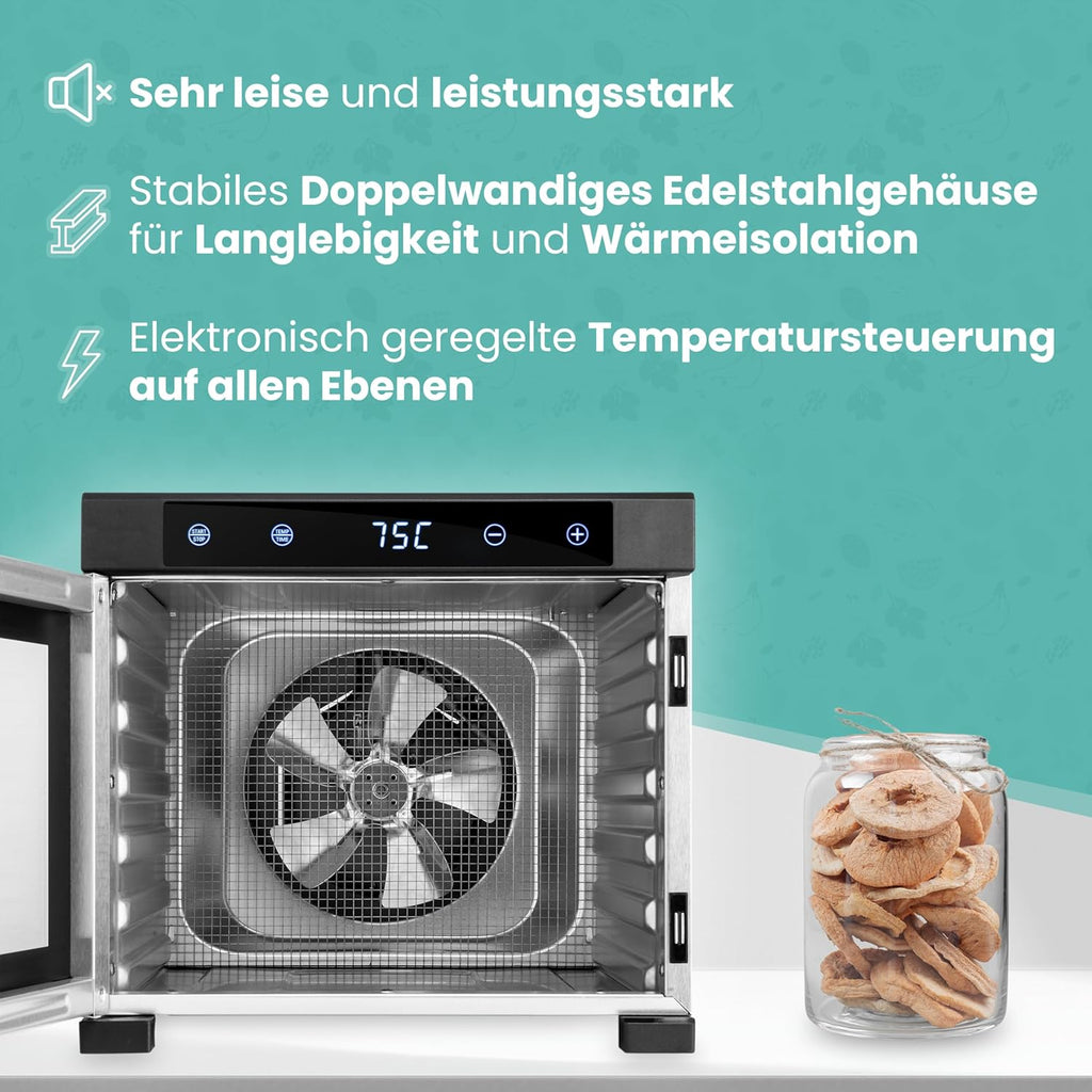 A-rival Dehydrator, Stainless Steel Dehydrator, Touch Control, Professional Dehydrator Stainless Steel, 24 Hour Timer, 6 Drying Trays + 3 Drying Mats, BPA-Free, 35 °C to 75 °C, Quiet Operation, 360°o