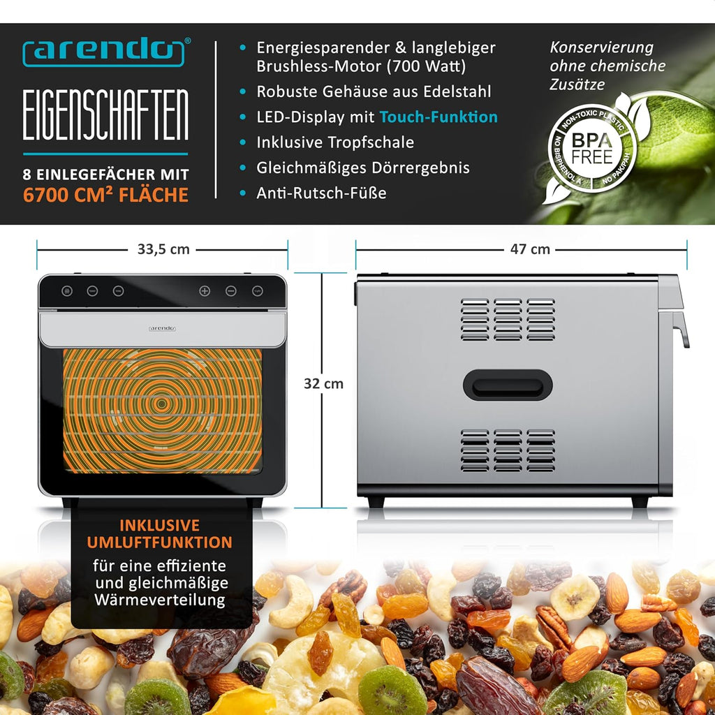 Arendo - Dörrautomat Edelstahl mit 8 Edelstahlgitter - 700 W - 35°-85°C - 8 Edelstahl Einlegetabletts mit insgesamt 6700 cm² - Dörrgerät Dehydrator Obsttrockner Dörrapparat - Obst Fleisch Pilze uvmo
