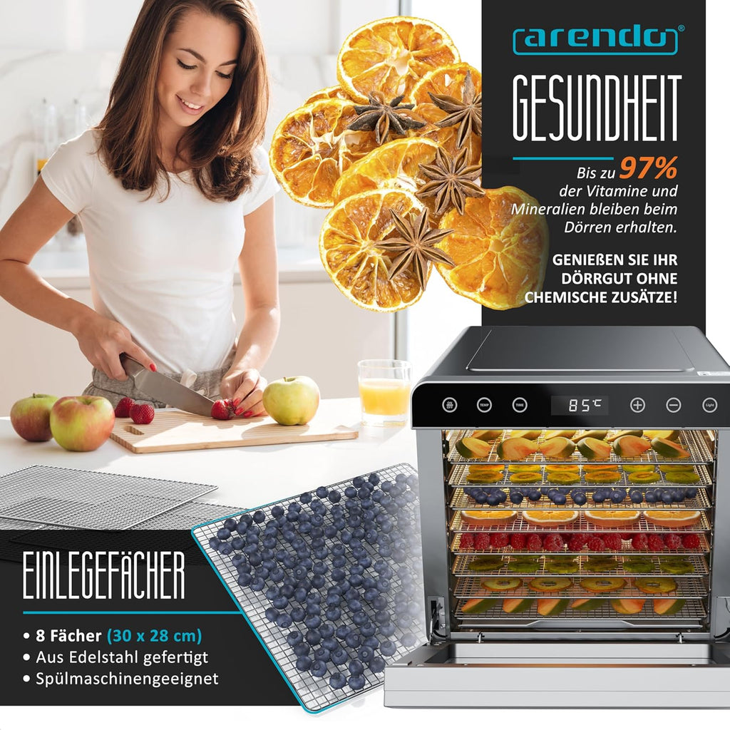 Arendo - Dörrautomat Edelstahl mit 8 Edelstahlgitter - 700 W - 35°-85°C - 8 Edelstahl Einlegetabletts mit insgesamt 6700 cm² - Dörrgerät Dehydrator Obsttrockner Dörrapparat - Obst Fleisch Pilze uvmo