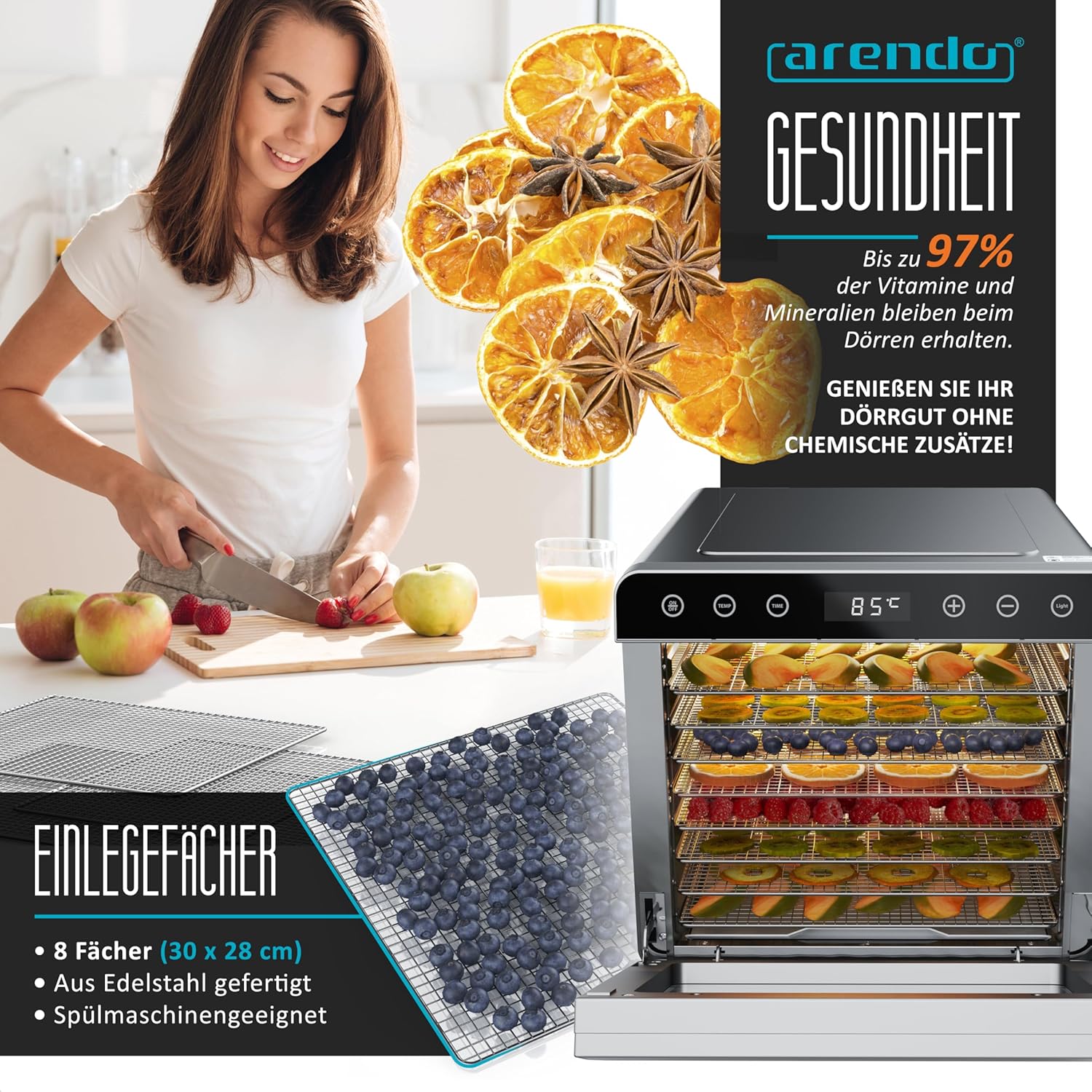 Arendo - Dörrautomat Edelstahl mit 8 Edelstahlgitter - 700 W - 35°-85°C - 8 Edelstahl Einlegetabletts mit insgesamt 6700 cm² - Dörrgerät Dehydrator Obsttrockner Dörrapparat - Obst Fleisch Pilze uvmo