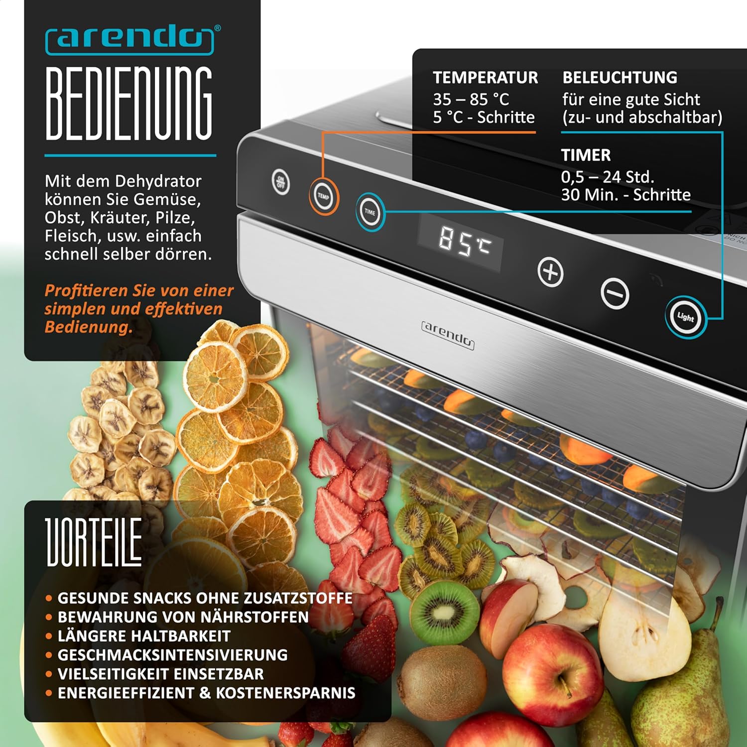 Arendo - Dörrautomat Edelstahl mit 8 Edelstahlgitter - 700 W - 35°-85°C - 8 Edelstahl Einlegetabletts mit insgesamt 6700 cm² - Dörrgerät Dehydrator Obsttrockner Dörrapparat - Obst Fleisch Pilze uvmo
