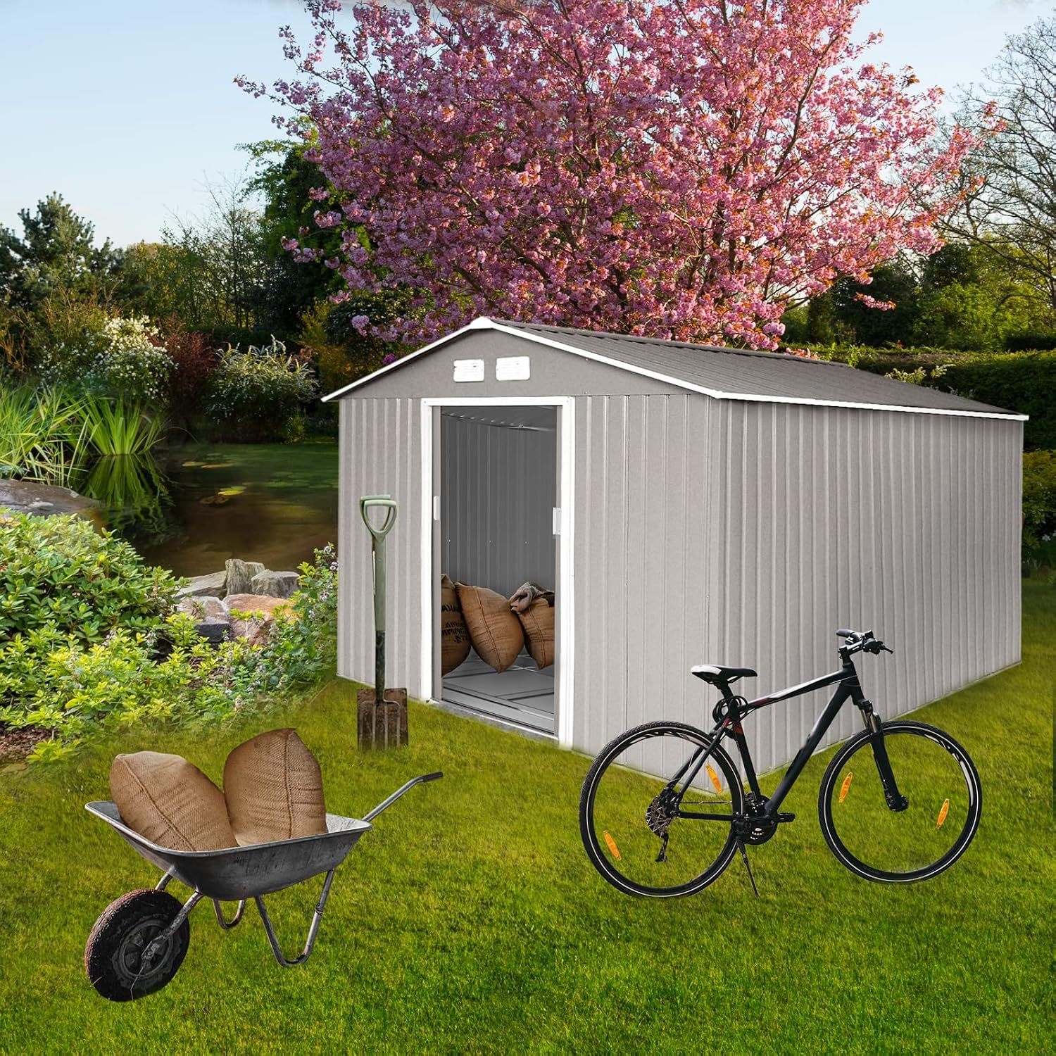 Svita S300 XXXL Metal Tool Shed, 277 x 319 x 192 cm, Pitched Roof, Garden Shed, Grey/Light Grey