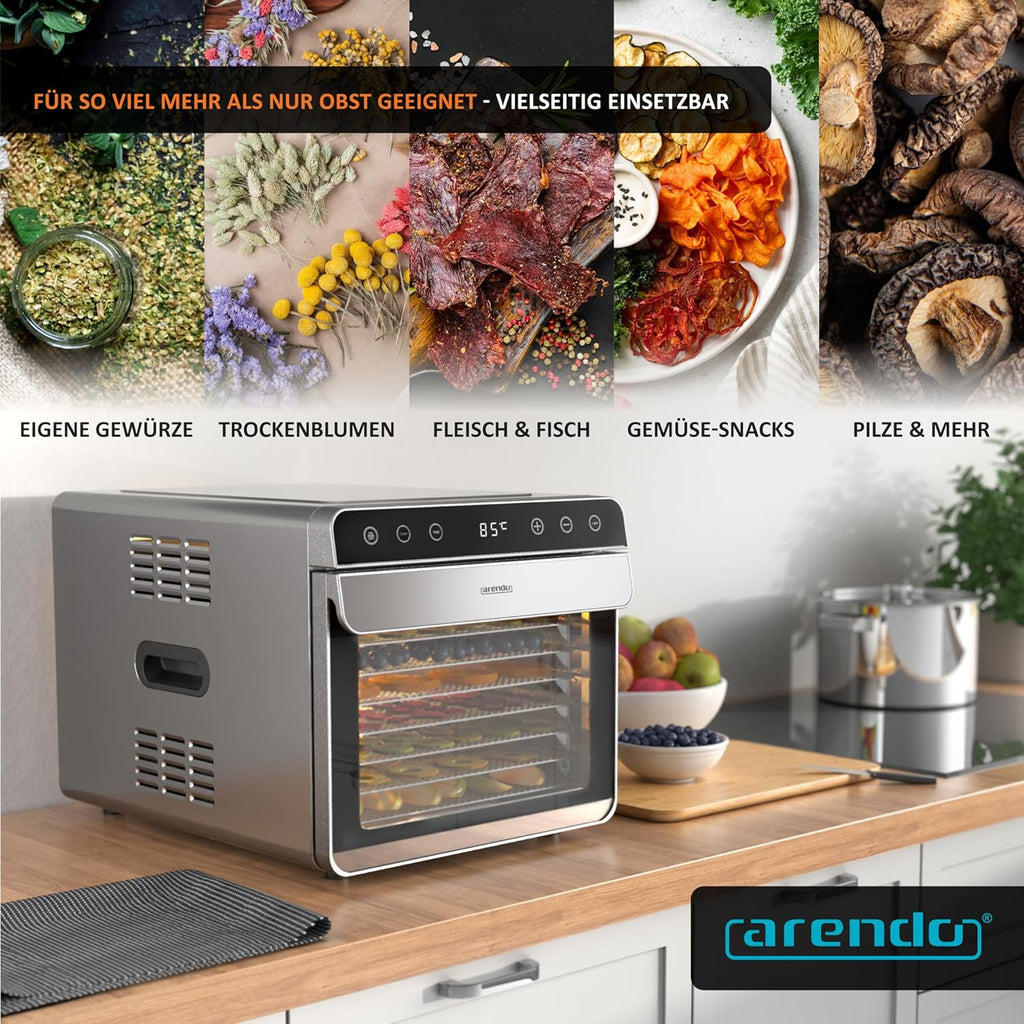 Arendo - Dörrautomat Edelstahl mit 8 Edelstahlgitter - 700 W - 35°-85°C - 8 Edelstahl Einlegetabletts mit insgesamt 6700 cm² - Dörrgerät Dehydrator Obsttrockner Dörrapparat - Obst Fleisch Pilze uvmo