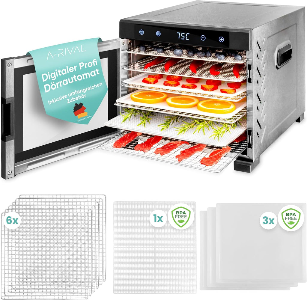 A-rival Dehydrator, Stainless Steel Dehydrator, Touch Control, Professional Dehydrator Stainless Steel, 24 Hour Timer, 6 Drying Trays + 3 Drying Mats, BPA-Free, 35 °C to 75 °C, Quiet Operation, 360°o